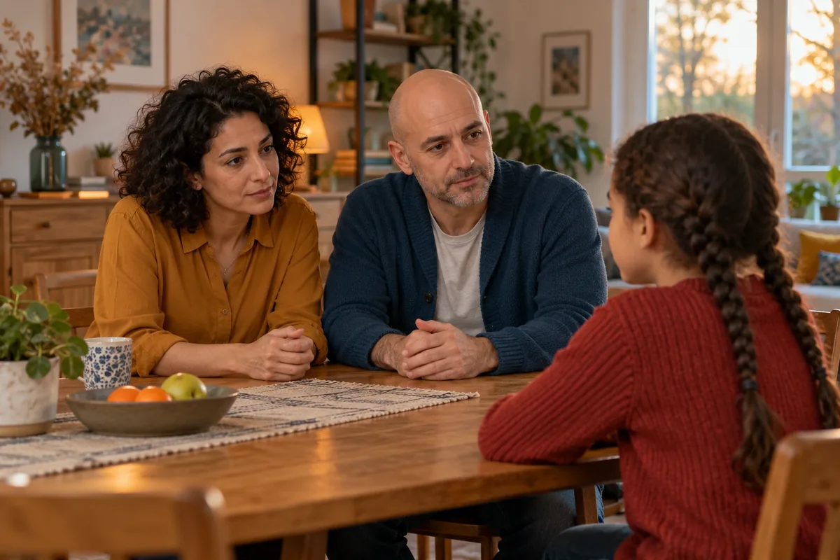 Deux parents assis côte à côte parlent calmement à leur fille autour d’une table familiale.