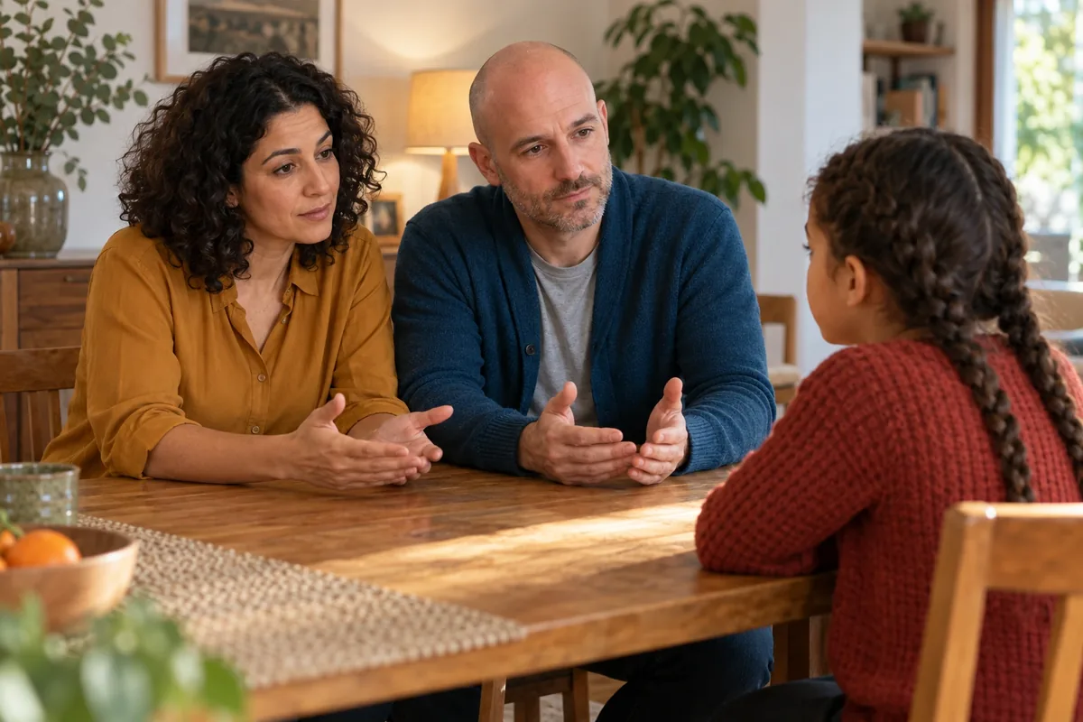Deux parents aux mains ouvertes expliquent sobrement une décision à leur fille attentive en face.