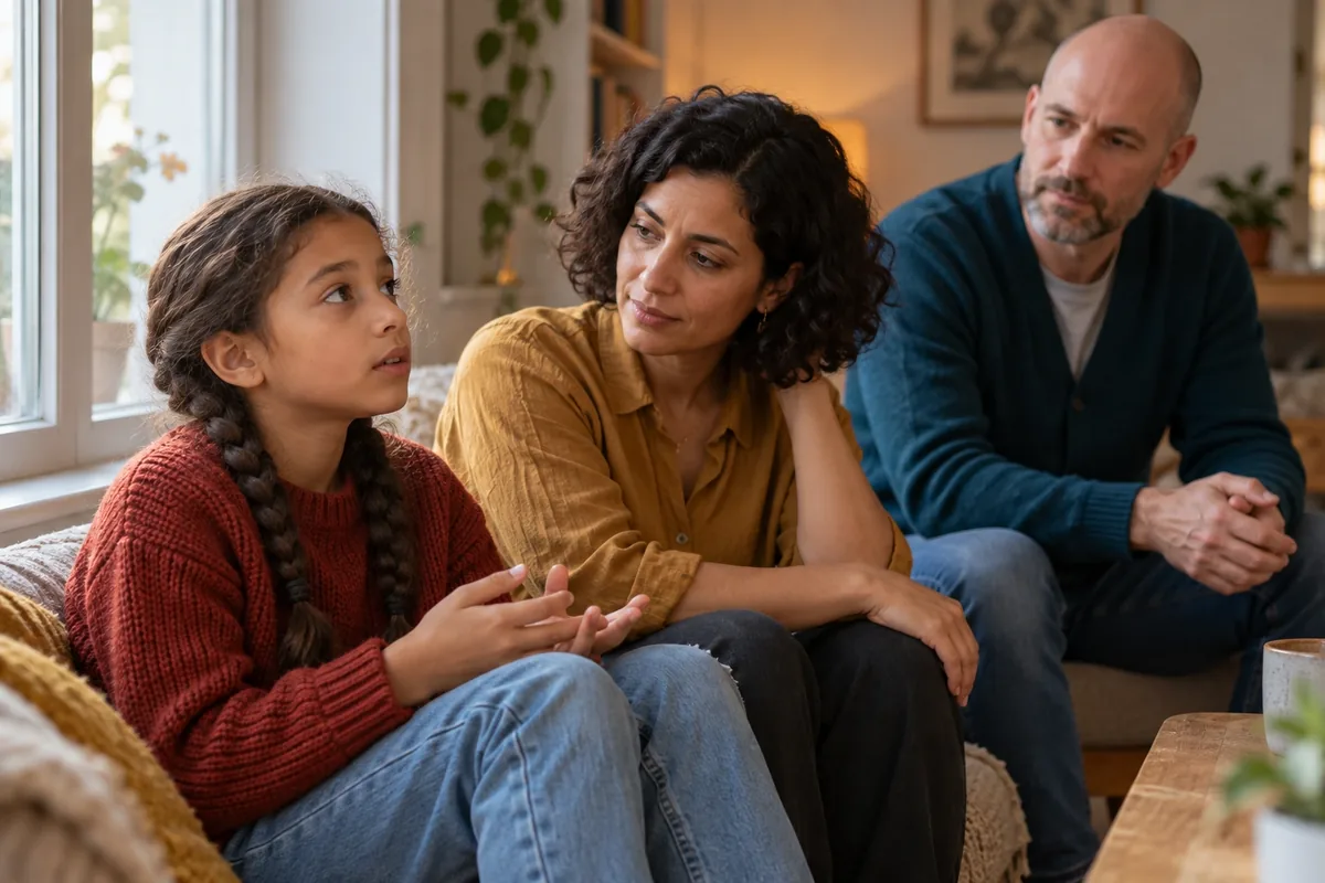 Une fille pose une question près de la fenêtre pendant que ses deux parents l’écoutent sans l’interrompre.