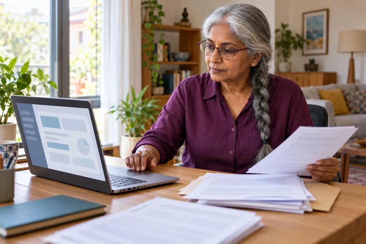 Une femme aux cheveux argentés compare un dossier fiscal à une interface abstraite sur ordinateur.