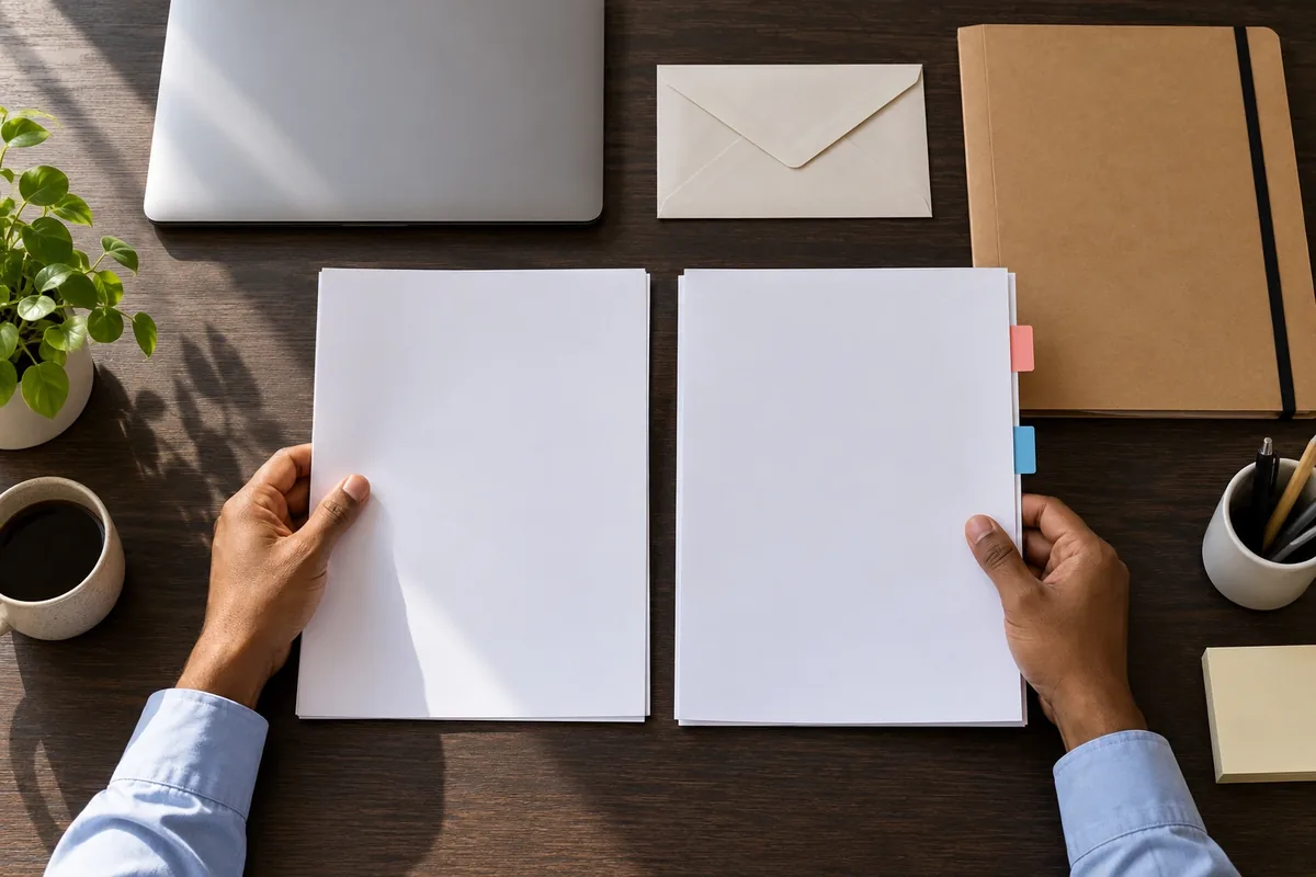Deux mains comparent des dossiers vierges à onglets colorés sur un bureau sombre et ordonné.