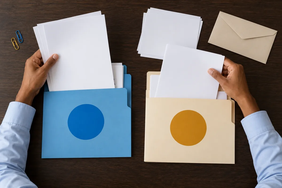 Deux mains répartissent des feuilles vierges entre une chemise bleue et une chemise ocre.