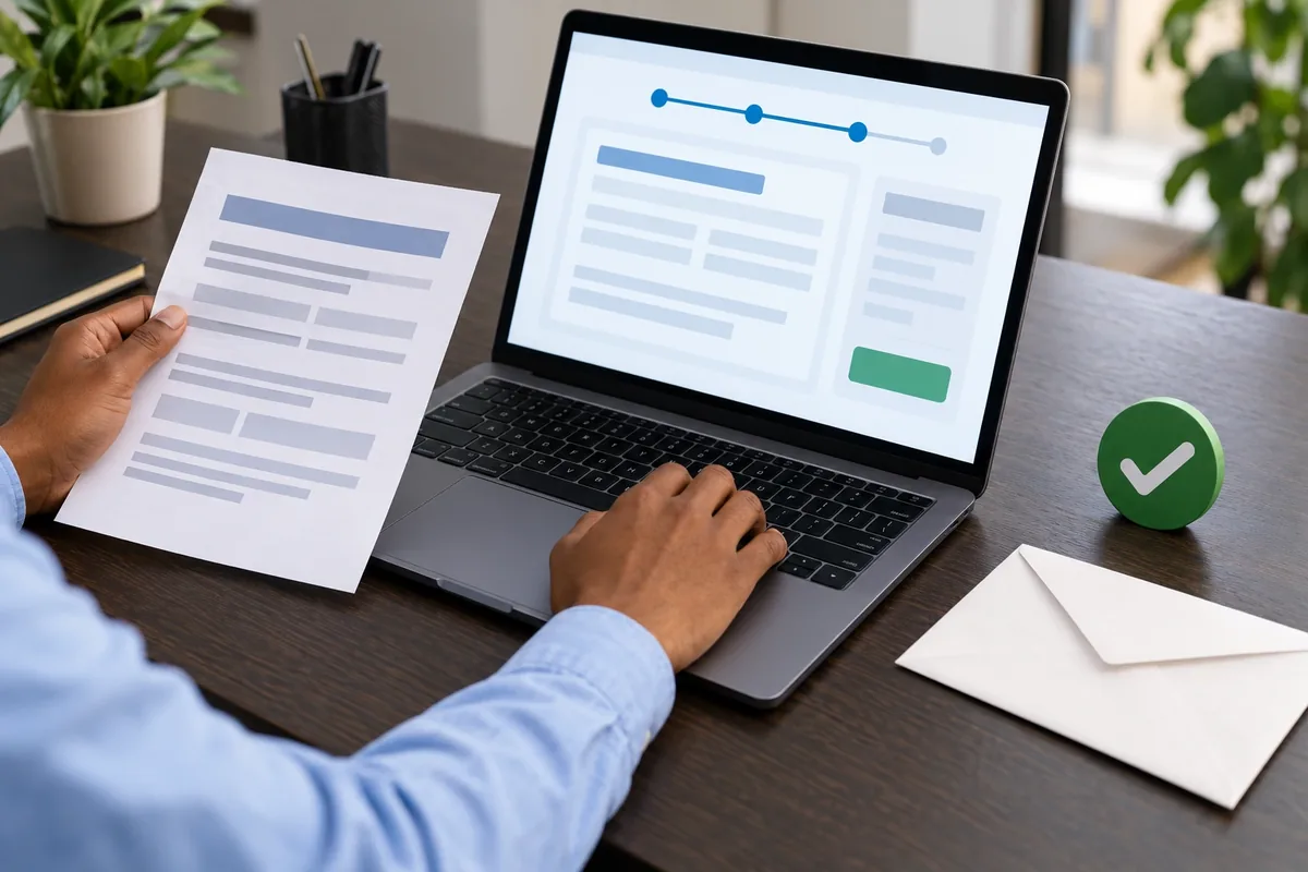 Une personne compare un document abstrait à une interface sans texte avant de conserver la confirmation.
