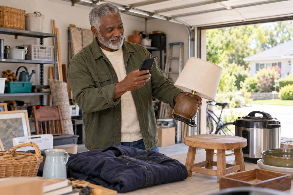 Un homme âgé photographie une lampe usagée parmi plusieurs objets personnels dans un garage.