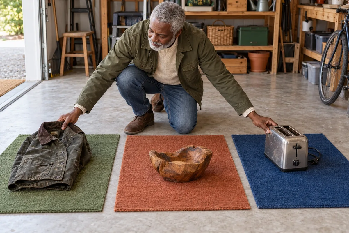 Un homme répartit une veste, un objet en bois et un grille-pain usagé sur trois tapis colorés.