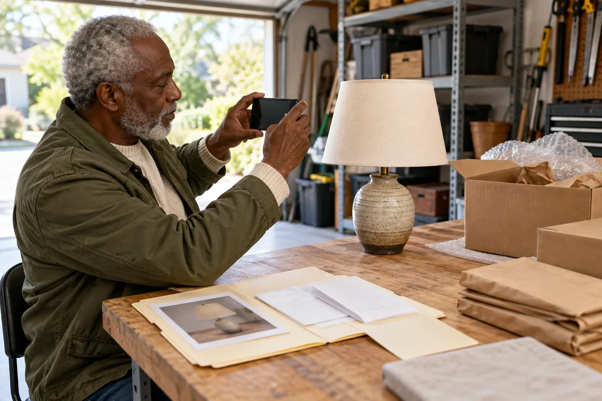 Un homme photographie une lampe et classe des reçus vierges avec une photo imprimée dans un dossier.