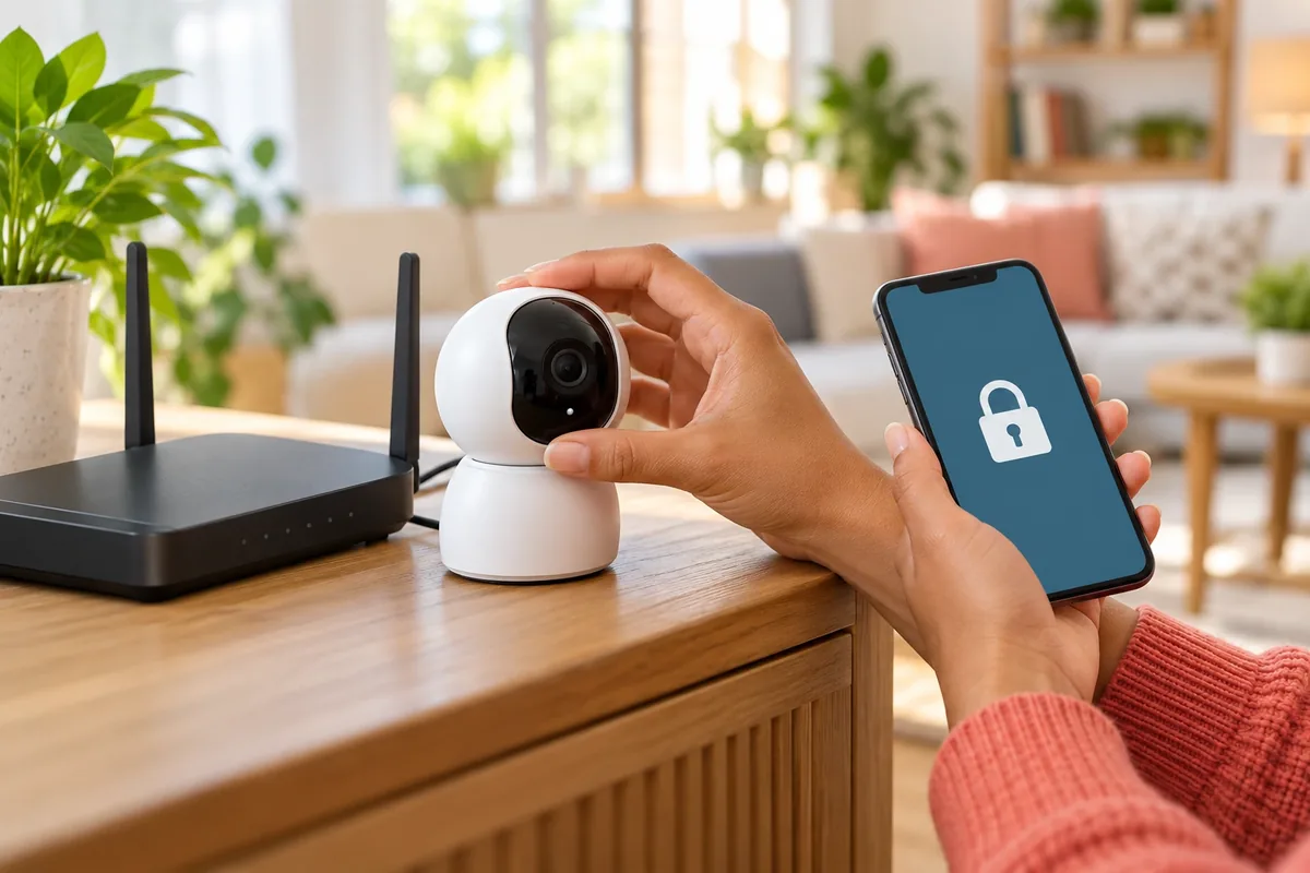 Deux mains configurent une caméra Wi-Fi générique près d’un routeur et d’un téléphone verrouillé.