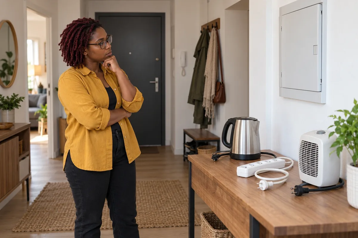 Une femme aux locs bordeaux observe un tableau fermé près de plusieurs appareils débranchés.