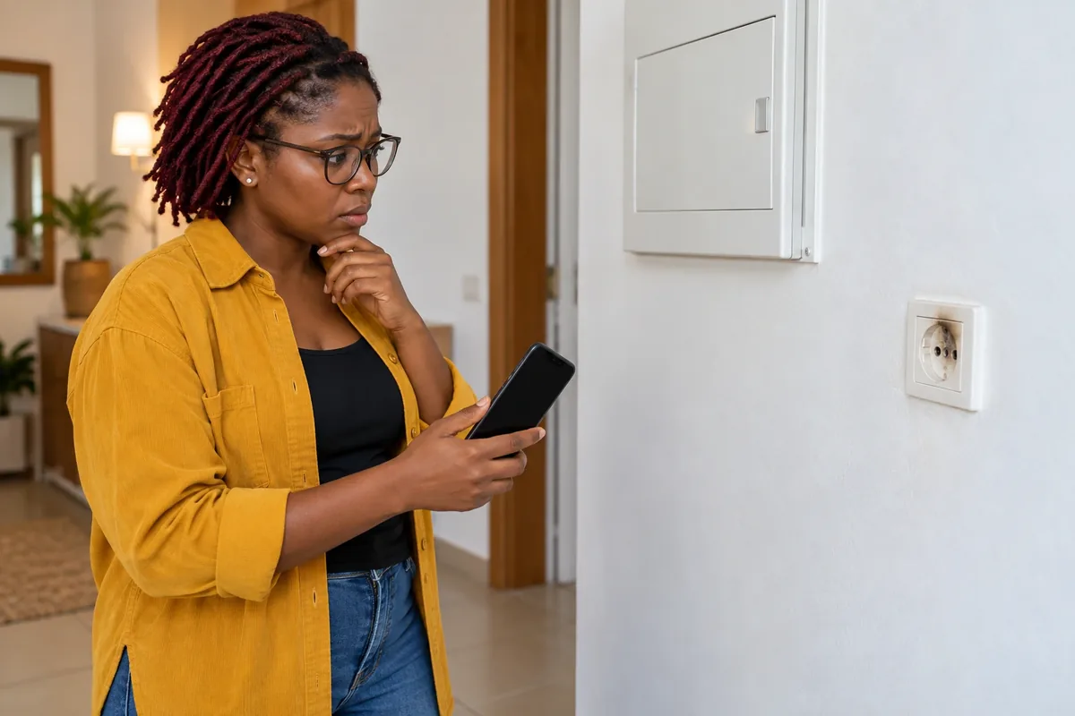 Une femme reste à distance d’une prise noircie et tient son téléphone devant un tableau fermé.