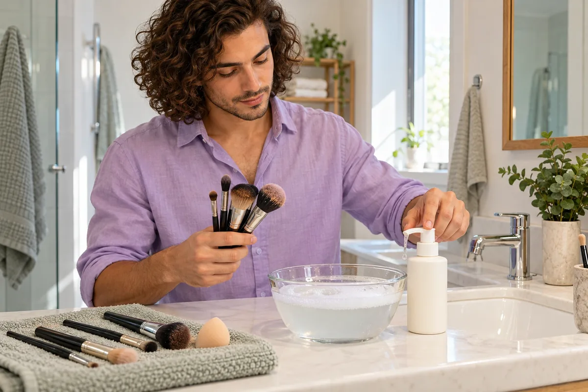 Un homme aux cheveux bruns bouclés prépare de l’eau tiède et du savon doux pour plusieurs pinceaux.