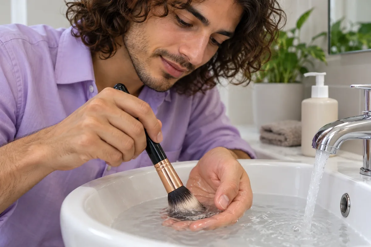 Un homme nettoie les poils d’un pinceau orientés vers le bas dans sa paume sous l’eau tiède.