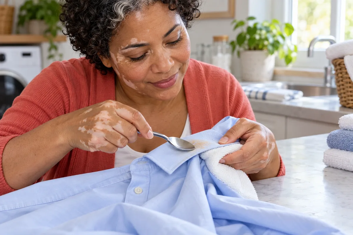 Une personne soulève doucement du fond de teint sur un col bleu avec une cuillère et un chiffon blanc.