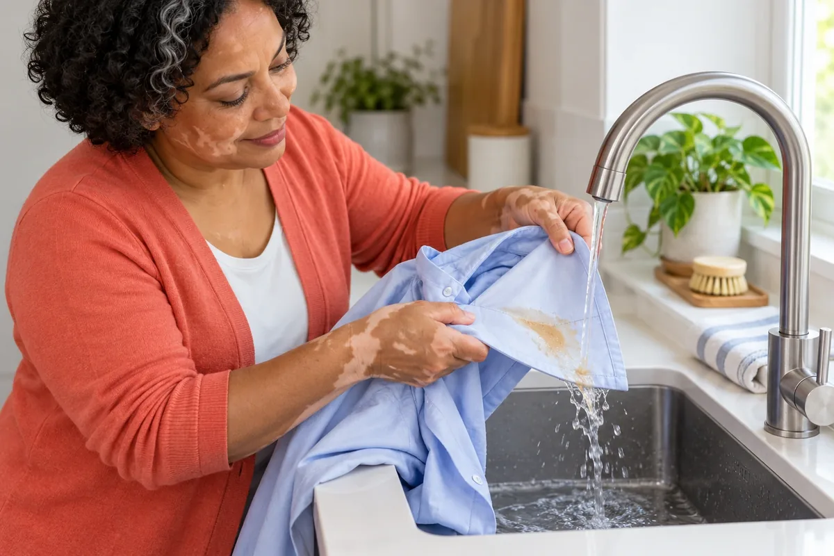 Une personne rince par l’envers un col de chemise bleu taché sous un mince filet d’eau fraîche.