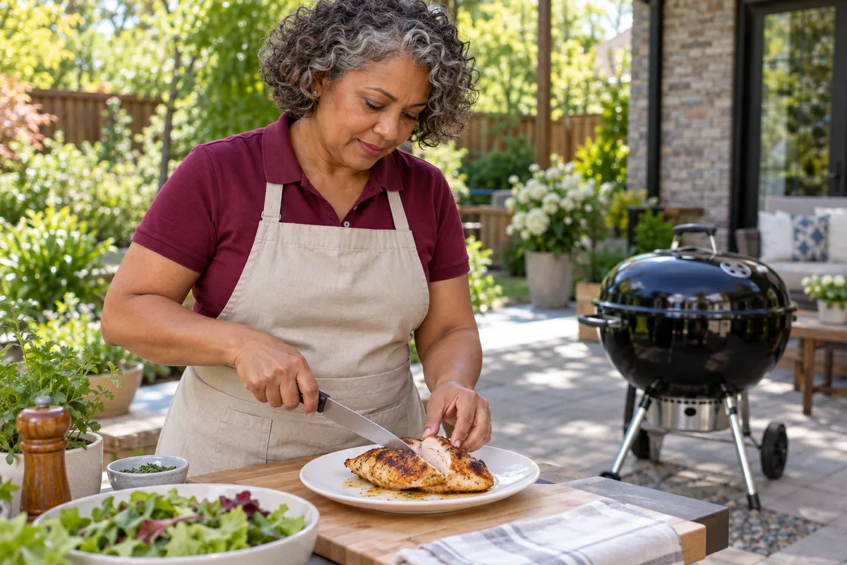 Une femme aux cheveux bouclés gris découpe une épaisse pièce de poulet grillé sur une assiette propre.