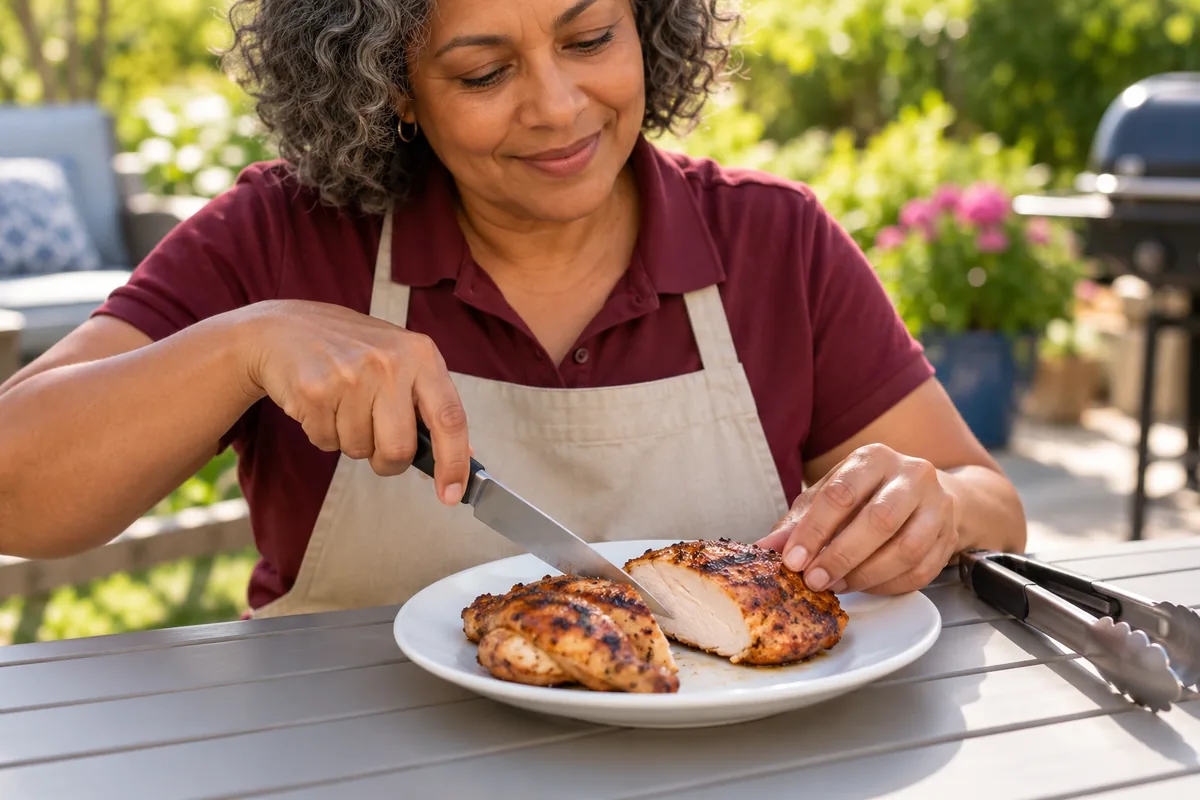 Une femme ouvre le centre d’un poulet grillé avec un couteau propre sur une assiette blanche.
