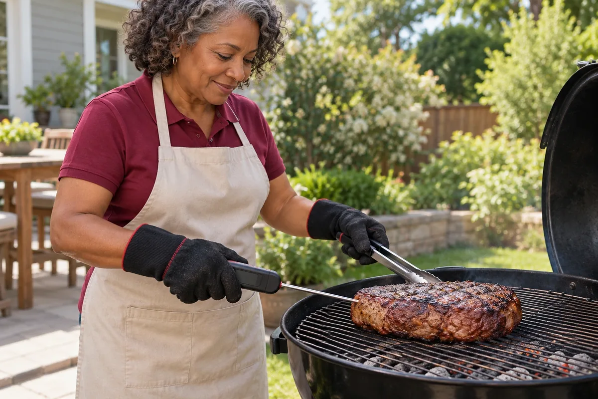 Avec un gant, une femme place une sonde dans la partie la plus épaisse d’une viande grillée au barbecue.