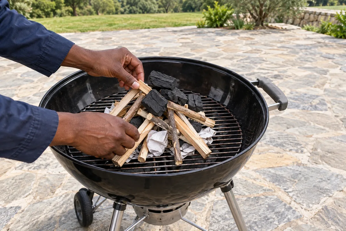 Deux mains disposent du papier, du petit bois et quelques charbons en structure aérée dans un barbecue froid.