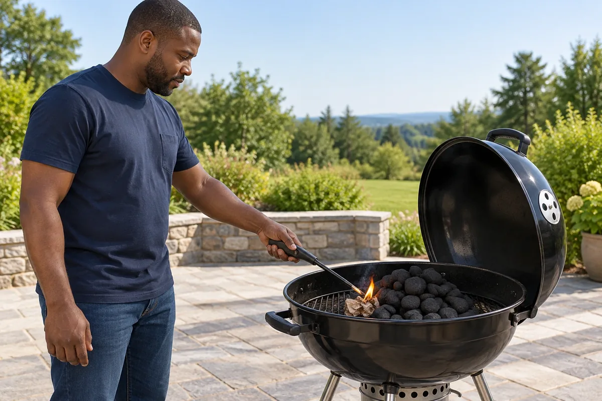 Un homme tient un allume-barbecue à long manche près du papier, le corps éloigné de la petite flamme.