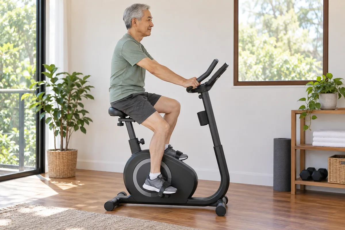 Un homme pédale lentement de profil sur un vélo d’appartement, avec le genou légèrement fléchi en bas.