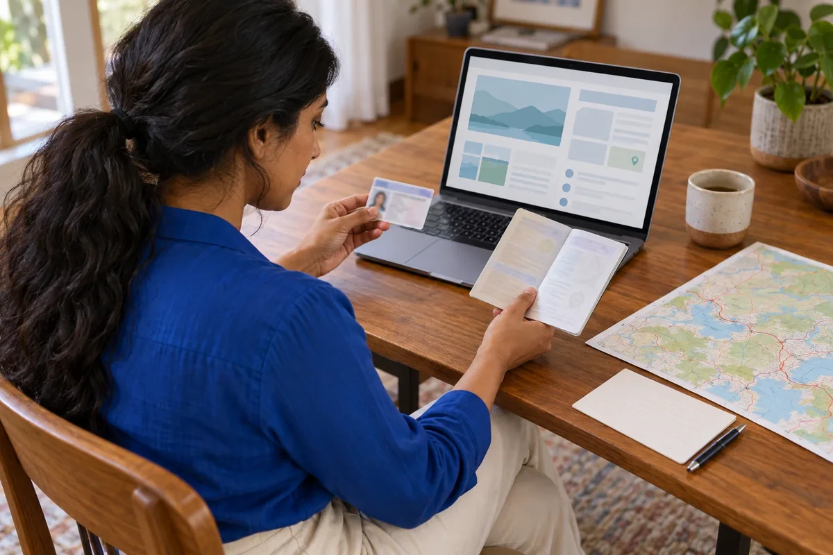 Une voyageuse compare deux documents de conduite avec une page ouverte sur ordinateur et une carte routière.