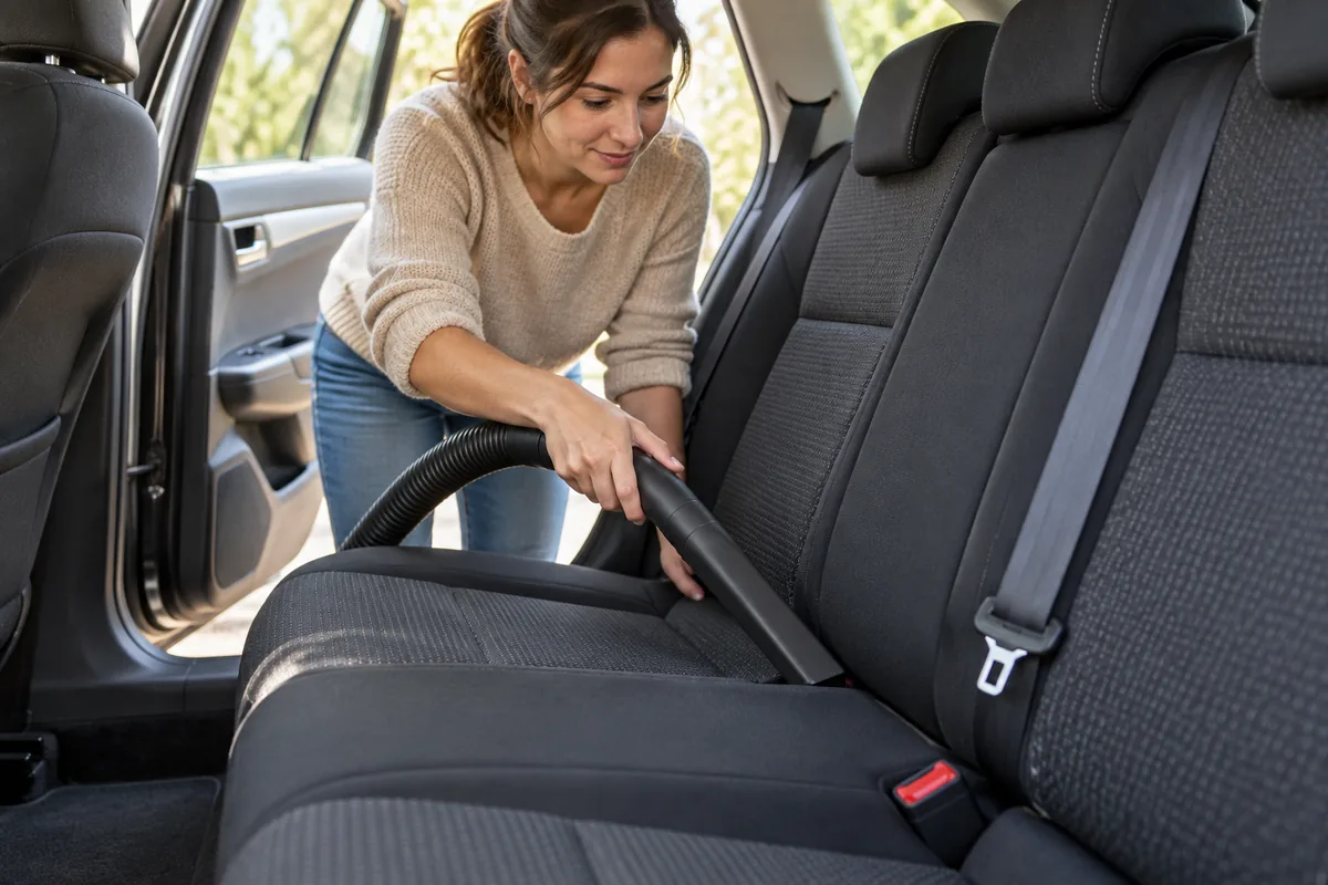 Une femme aspire les coutures et la jonction d’un siège arrière en tissu dans une voiture.