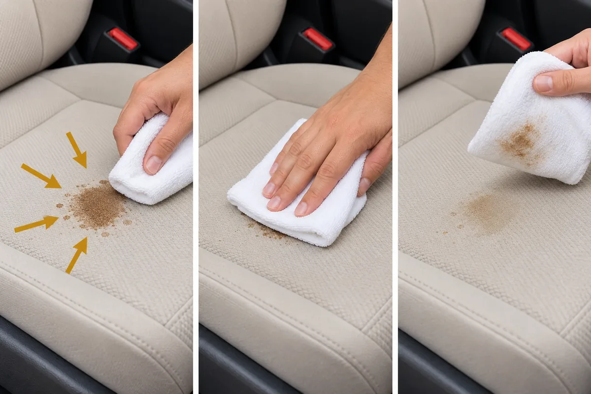 Technique de tamponnement d'une tache sur un siège en tissu, du bord vers le centre