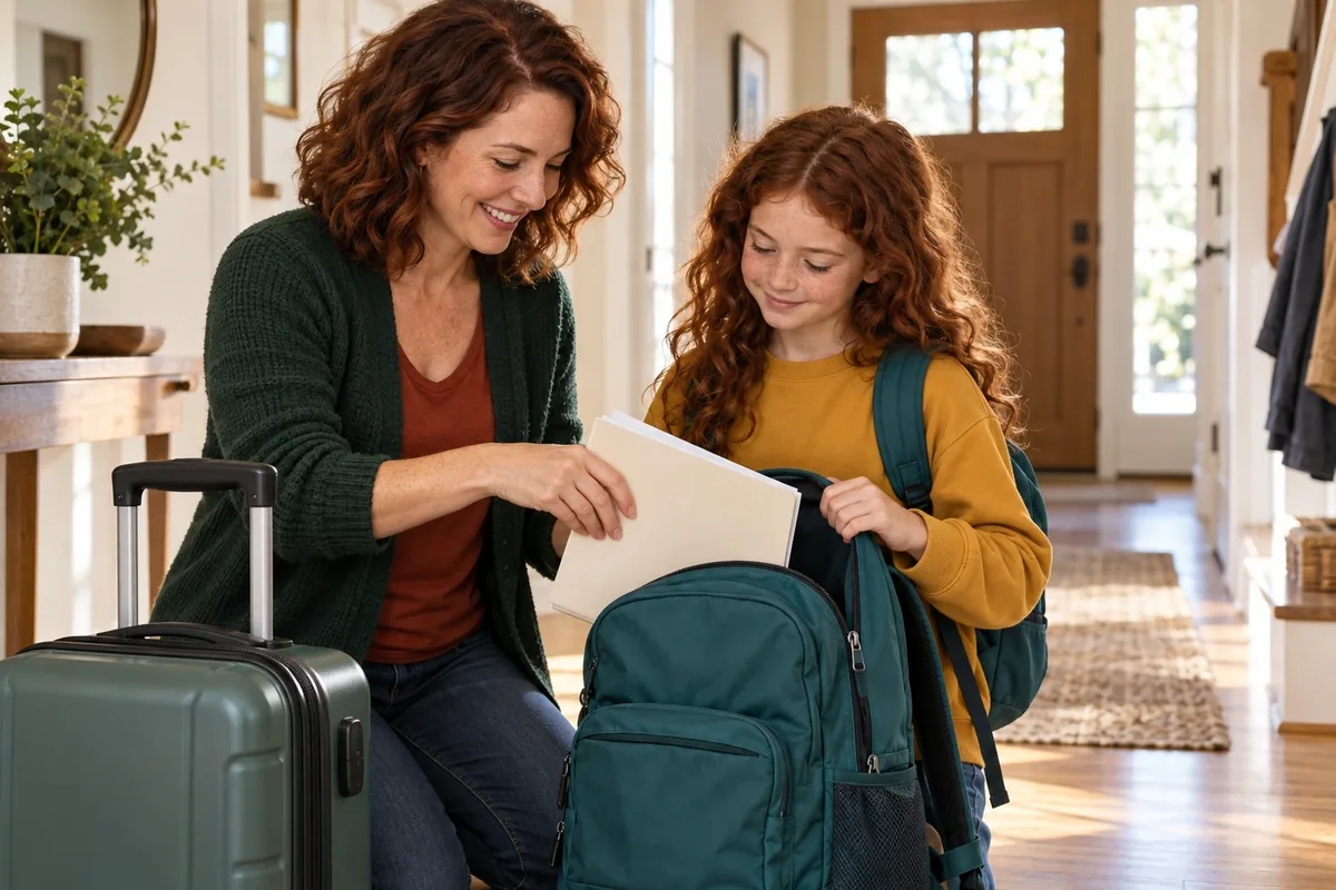 Une mère et sa fille glissent un dossier papier dans un sac à dos près d’une valise prête pour le départ.