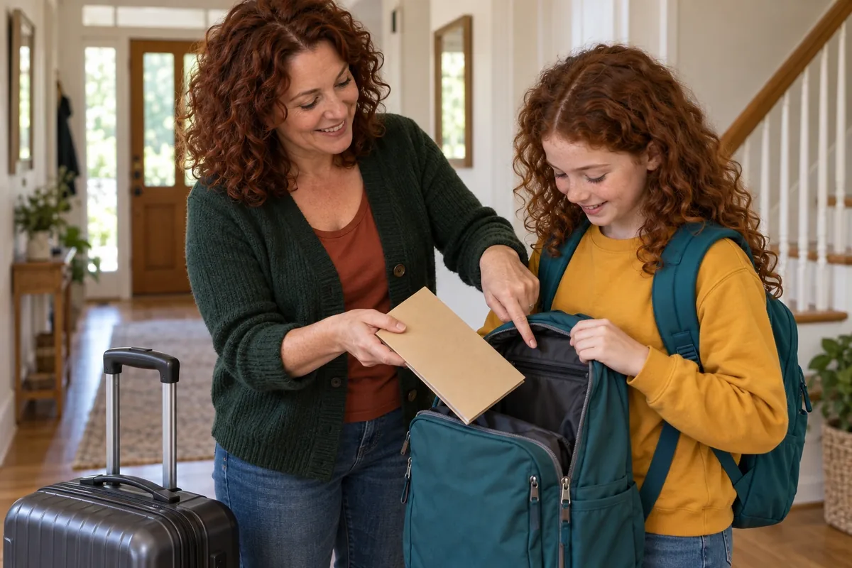 Une mère remet un dossier de voyage fermé à sa fille et lui montre la poche intérieure de son sac à dos.