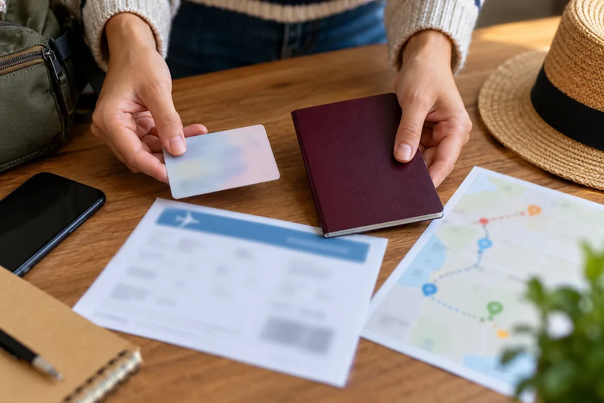 Des documents de voyage sont rassemblés sur une table sans données visibles.