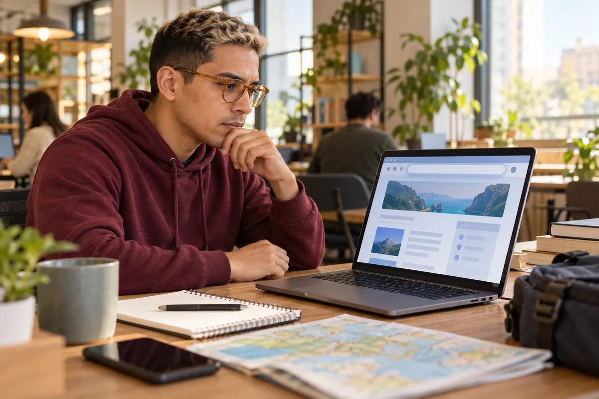 Un homme examine attentivement la barre d’adresse d’un site de voyage affiché sur son ordinateur portable.