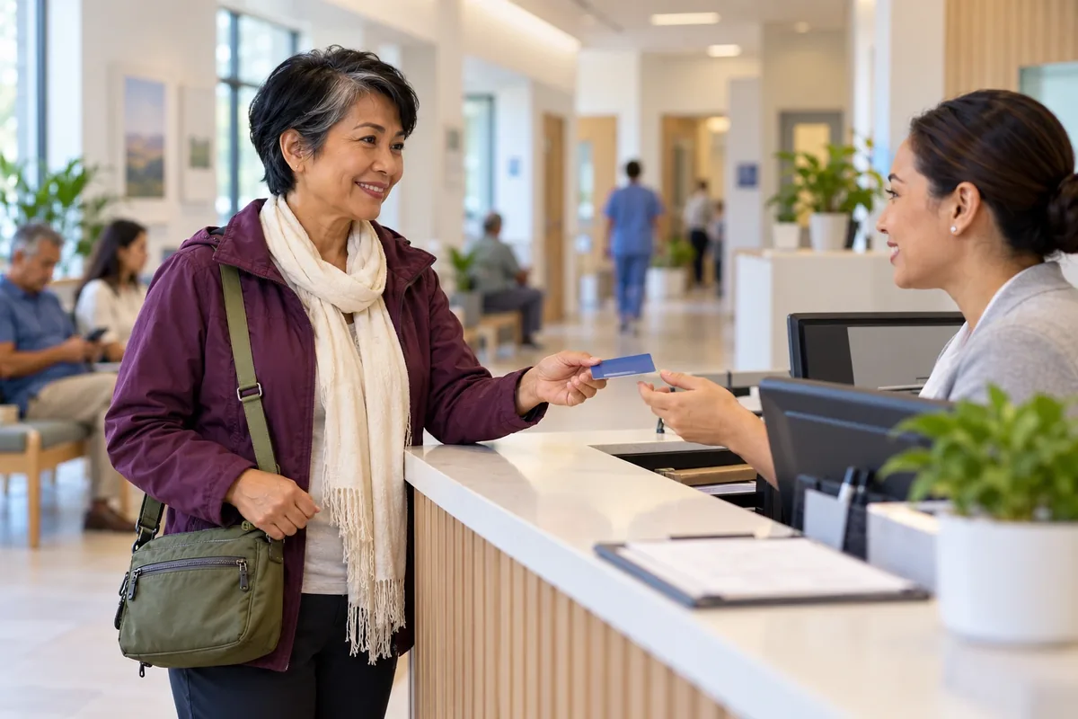 Une voyageuse présente une carte d’assurance bleue à l’accueil lumineux d’un établissement médical.