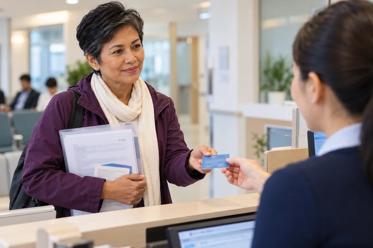 Une voyageuse remet une carte d’assurance à l’accueil tout en gardant ses copies dans une pochette.
