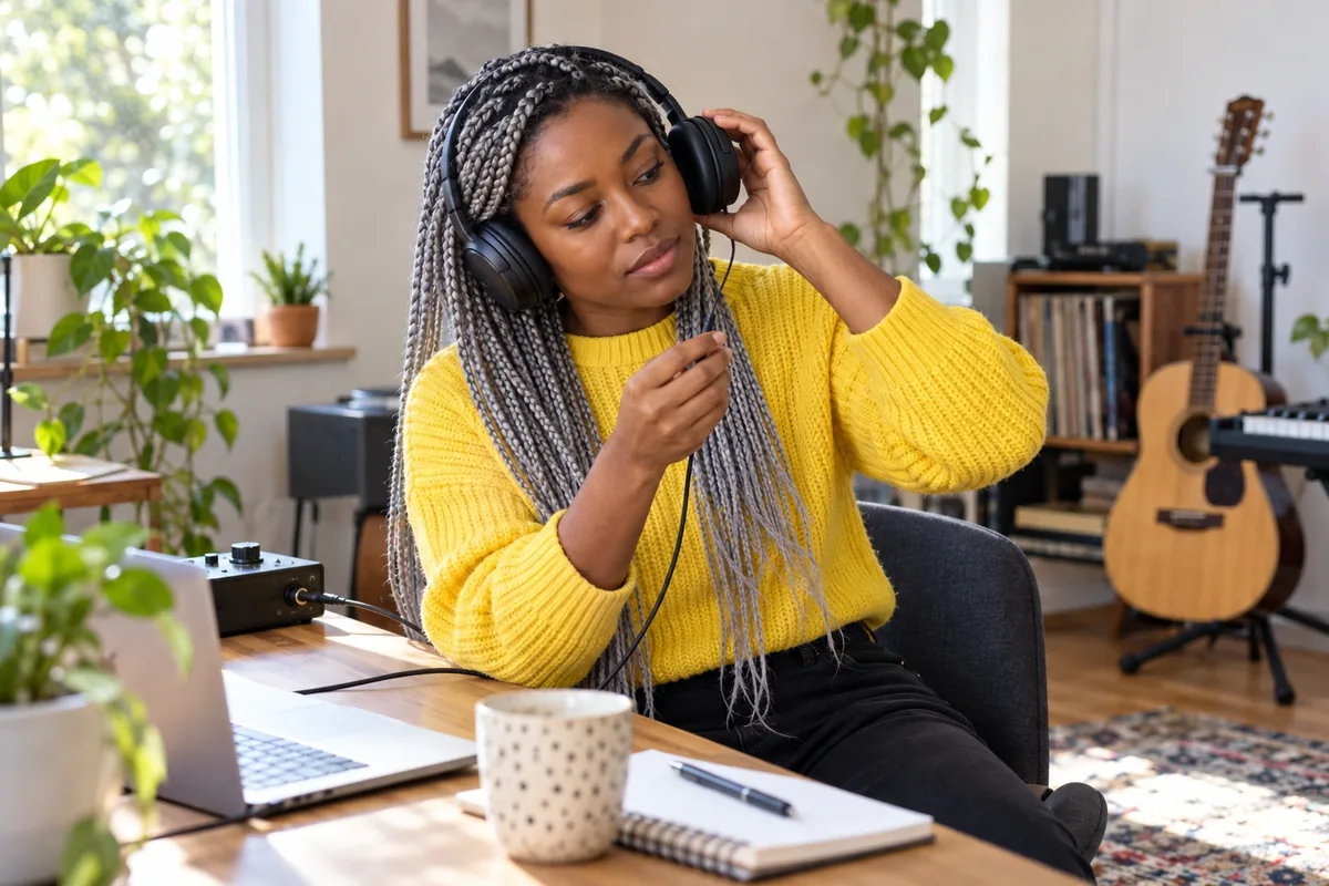 Une femme portant un casque filaire soulève une oreillette tout en examinant le connecteur du câble.