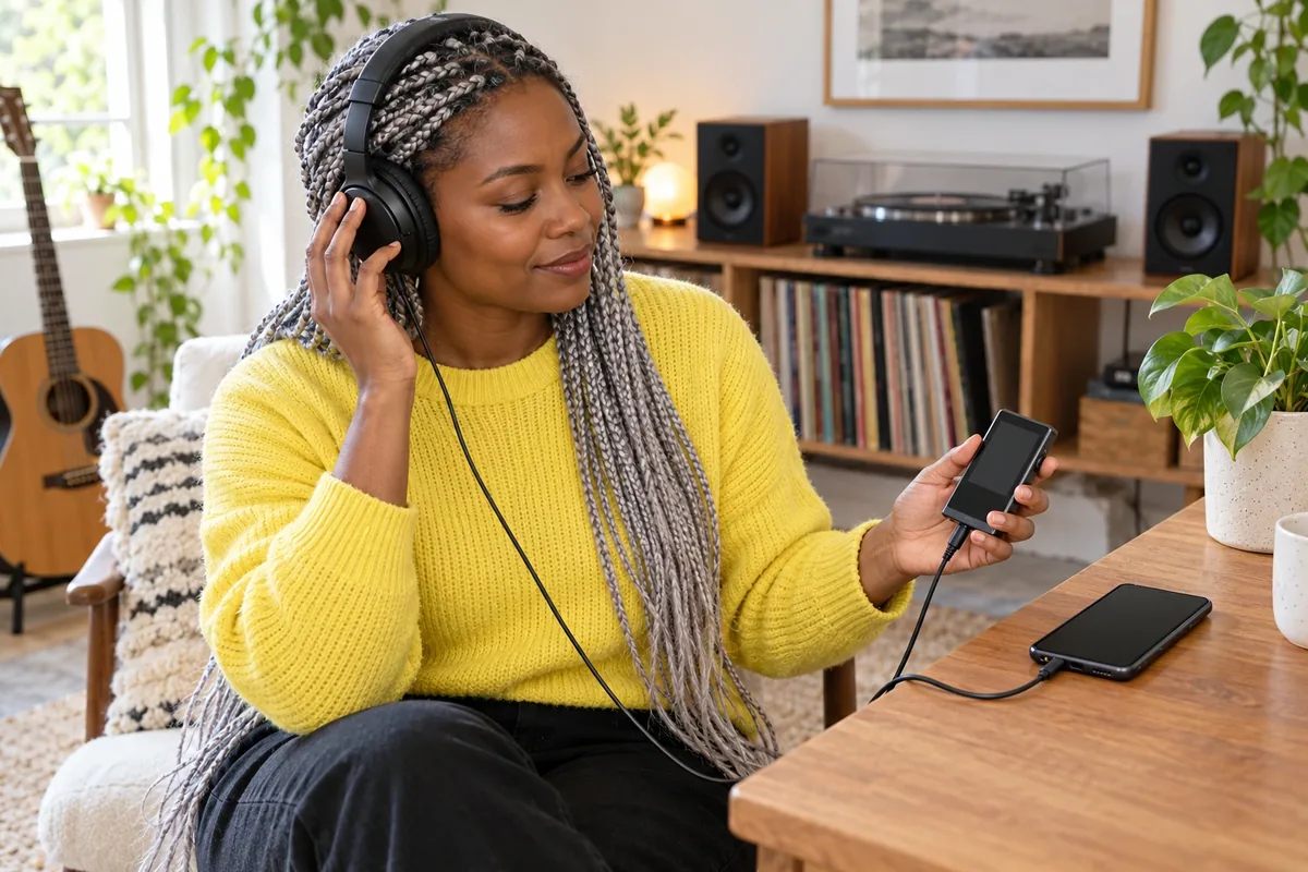 Une femme teste le même casque filaire sur un second appareil audio posé à côté du premier.
