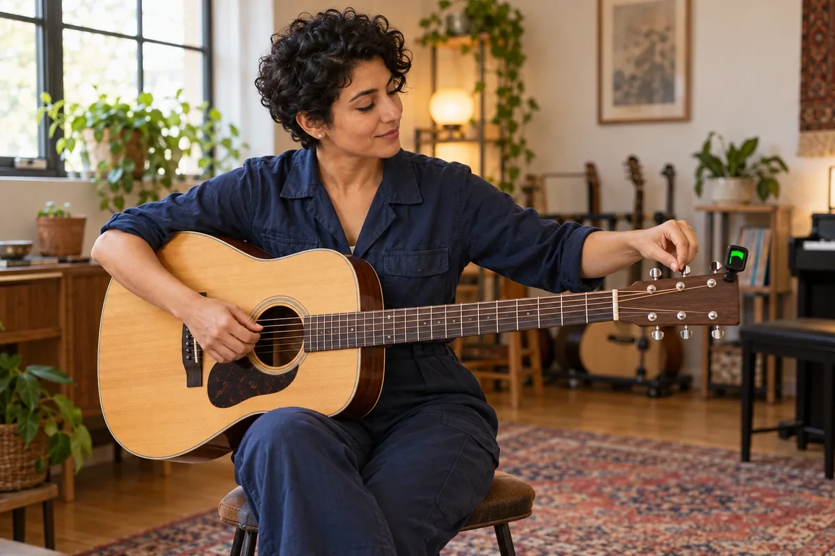 Une femme assise accorde une guitare acoustique en tournant doucement une mécanique près de la tête.