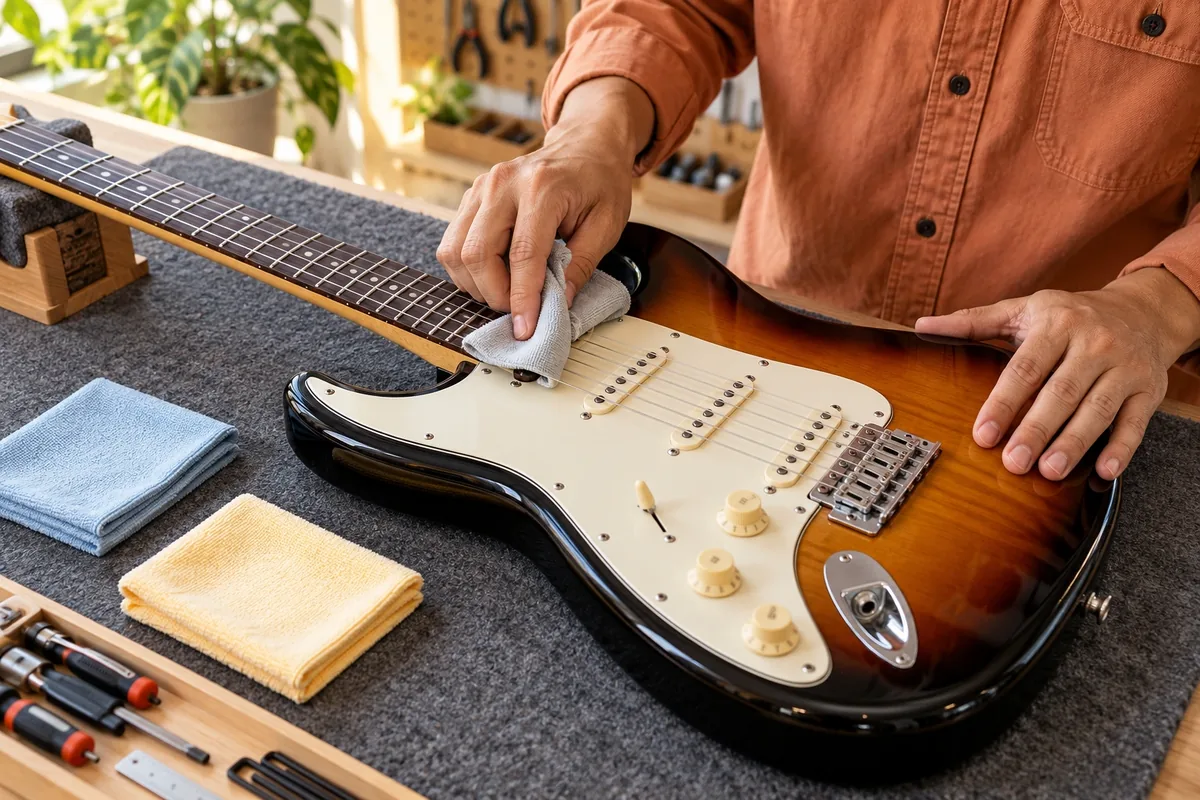 Deux mains essuient les cordes d’une guitare électrique posée à plat entre deux chiffons propres.