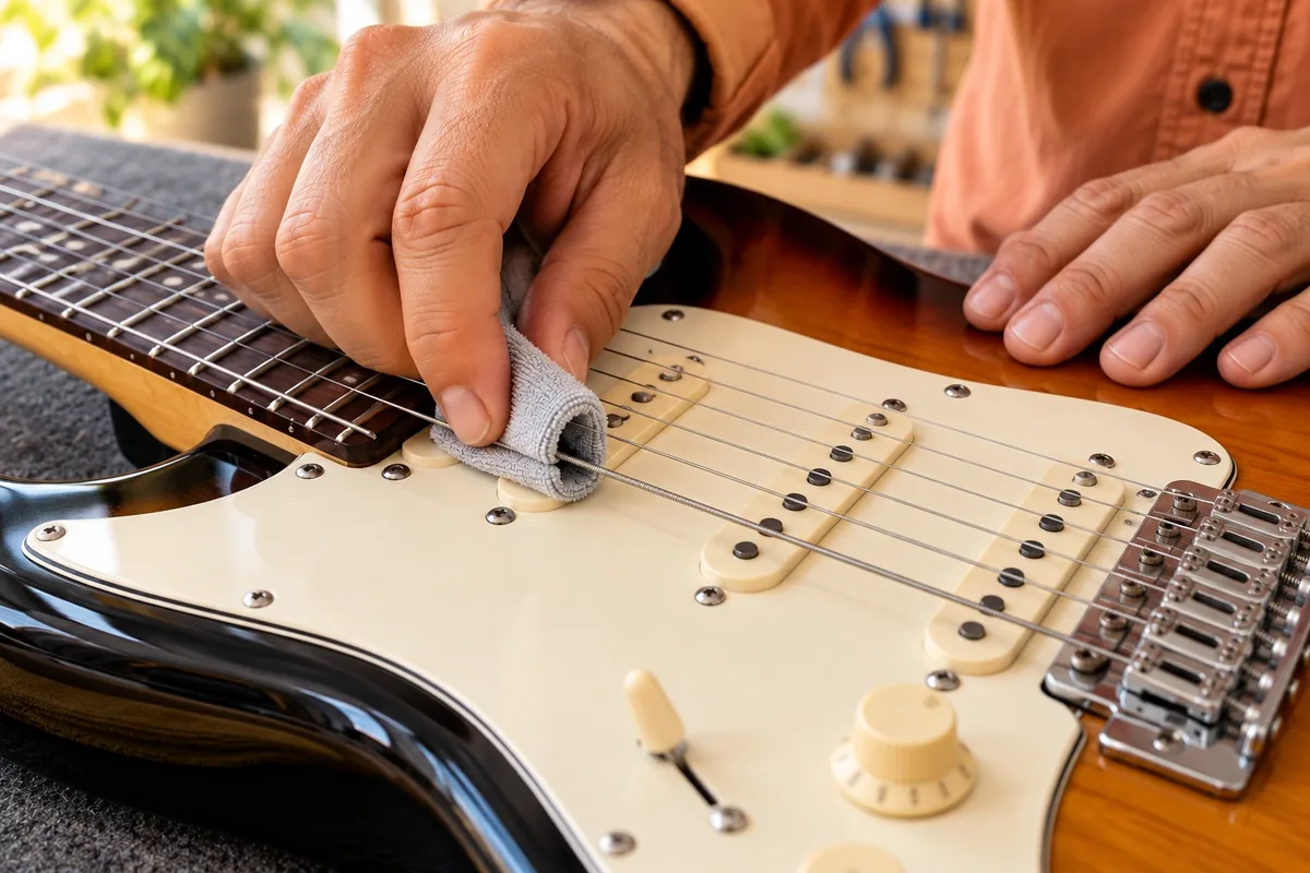 Un chiffon gris entoure une seule corde de guitare électrique pendant un essuyage dans sa longueur.
