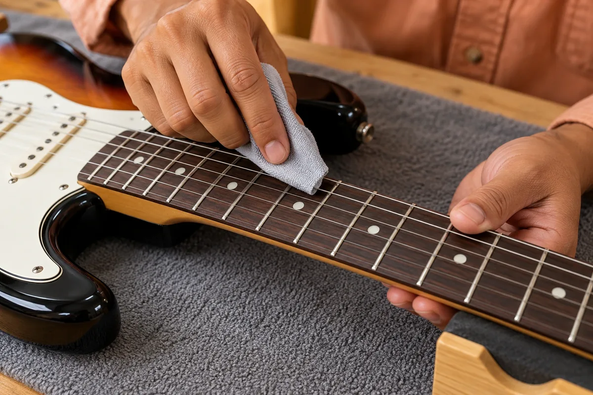 Une main nettoie la touche d’une guitare avec un chiffon sec par petits gestes entre les frettes.