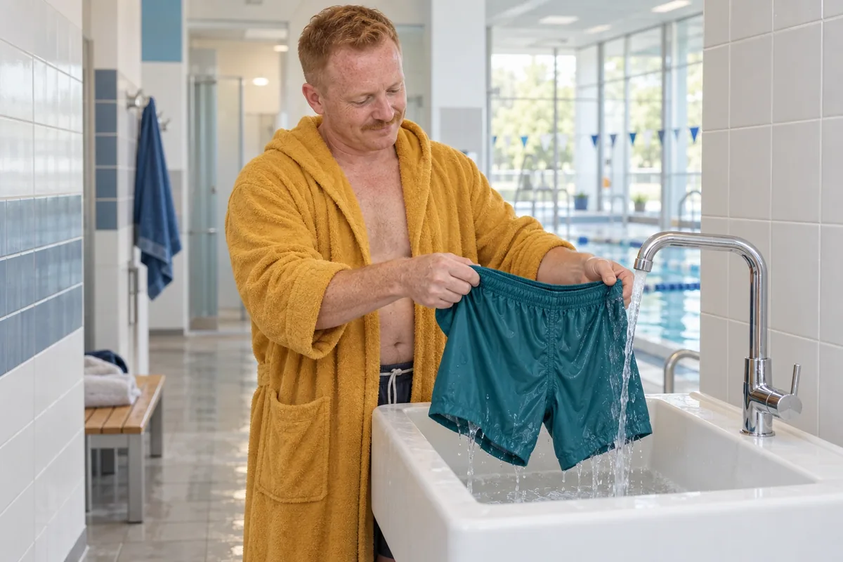 Un homme en peignoir jaune rince un short de bain bleu canard sous un robinet dans un vestiaire de piscine.