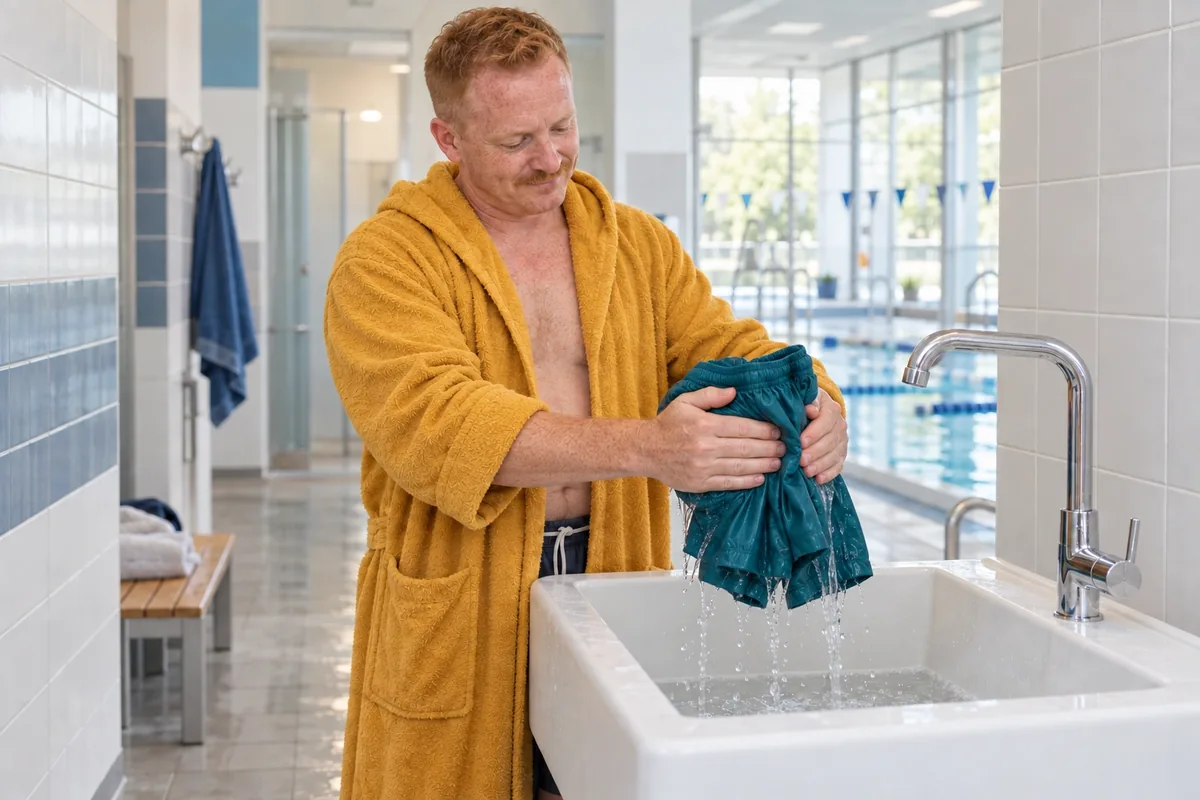 Un homme presse doucement un short de bain bleu canard entre ses paumes au-dessus d’un évier, sans le tordre.