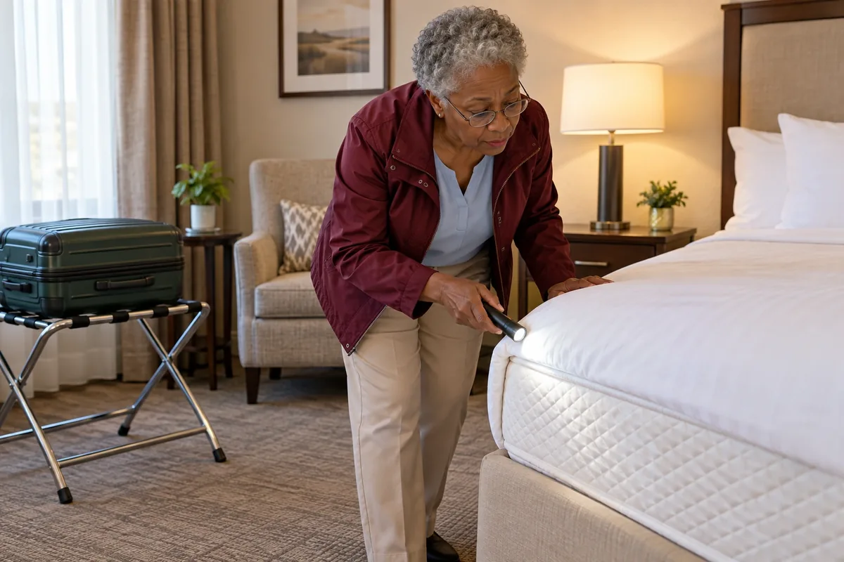 Une voyageuse éclaire la couture d’un matelas, tandis que sa valise fermée repose sur un porte-bagages éloigné du lit.