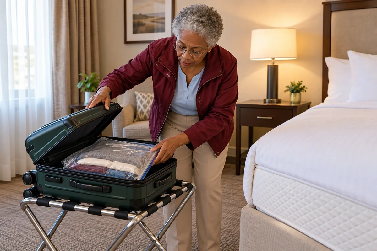 Une voyageuse place un sac fermé de vêtements dans sa valise ouverte sur un porte-bagages, loin du lit.