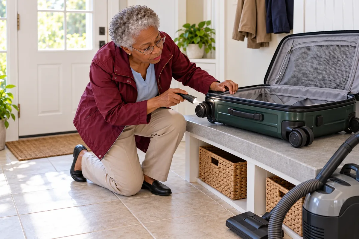 Une voyageuse éclaire les coutures et les roulettes d’une valise ouverte sur un banc, avec un aspirateur à proximité.
