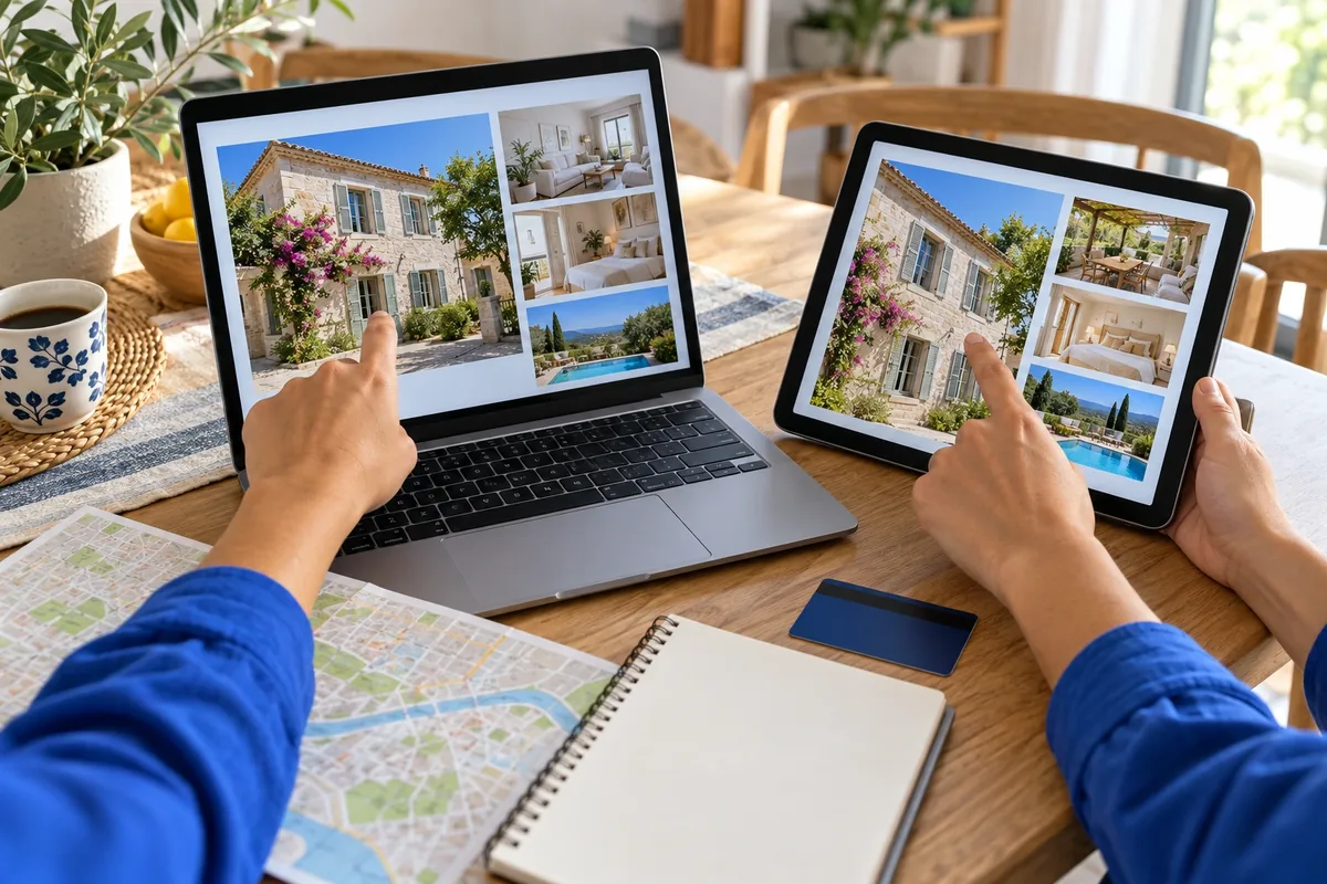 Deux mains comparent les mêmes photos de location sur un ordinateur et une tablette posés sur une table.