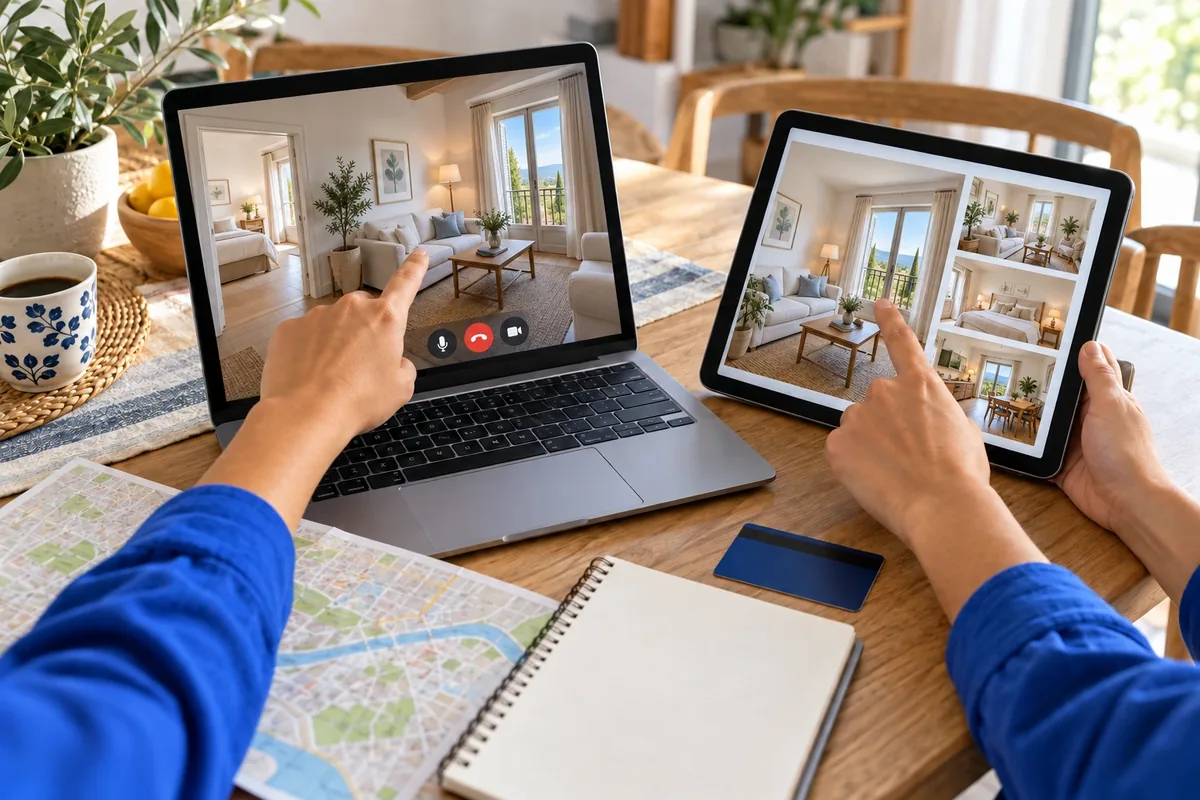 Deux mains confrontent une visite vidéo d’un logement sur ordinateur aux photos affichées sur une tablette.
