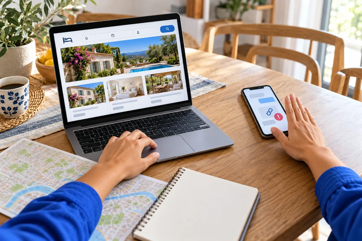 Une main écarte un téléphone montrant un lien suspect pendant que l’autre ouvre un site de réservation sur ordinateur.