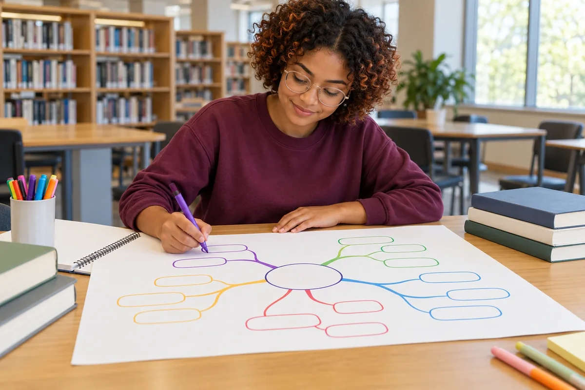 Une jeune femme trace des branches colorées autour d’un cercle central vide sur une grande feuille à la bibliothèque.