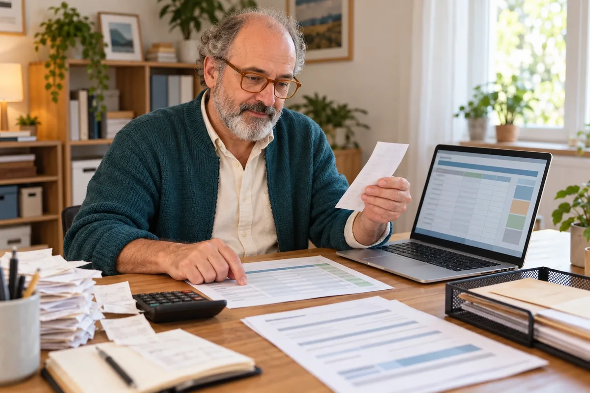 Un homme compare un reçu et un tableau de suivi devant un ordinateur dans un bureau domestique lumineux.