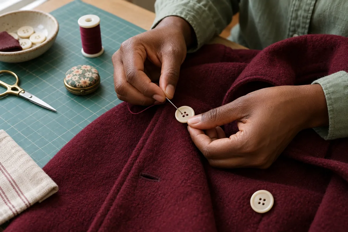 Deux mains cousent un bouton crème à quatre trous sur un manteau bordeaux posé à plat sur une table.