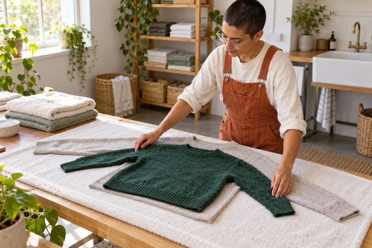 Une personne en salopette orange examine un pull vert rétréci posé à plat sur une grande serviette blanche.